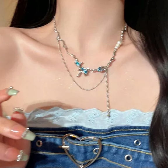 GKNET Double Layer Blue Four-pointed Star Zircon Necklace Light Luxury Clavicle Ch WY4-2