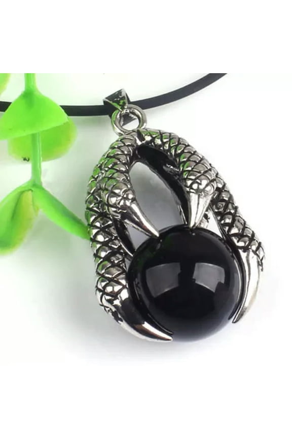 Dragon Claw Punk Rock Round Ball Gemstone Healing Crystal Pendant Necklace Men-Black Agate
