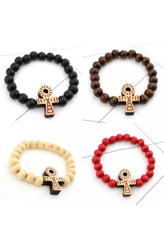 Egypt Ankh Cross Bracelet Wooden Beaded Bangle Hip Hop Protection Delicate Jewelry 7.5"-Red