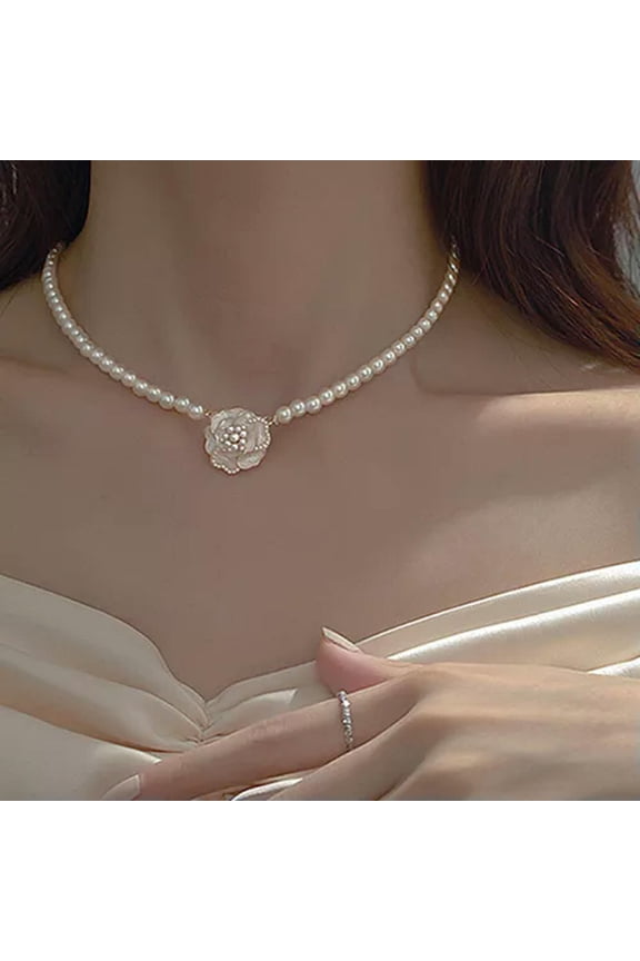Elegant Fashion Rose Pearl Bead Necklace for Women Flower Clavicle Chain Jewelry-White-