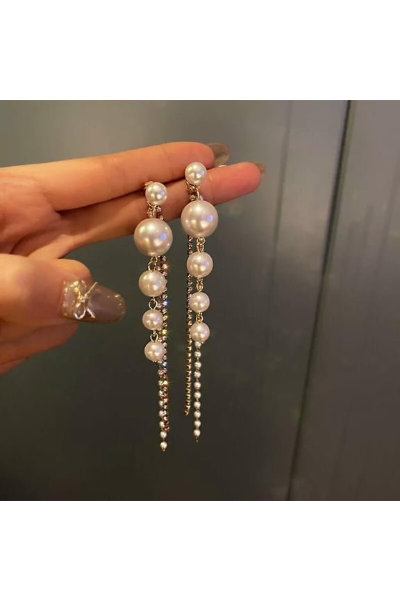 Elegant KC Gold Crystal Pearl Tassel Earrings Drop Dangle Women Jewellery Gift
