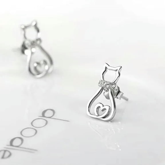 GKNET Engagement Women 925 Silver Stud Earring Cute Cubic Zircon Cat Shape Jewelry-Silver