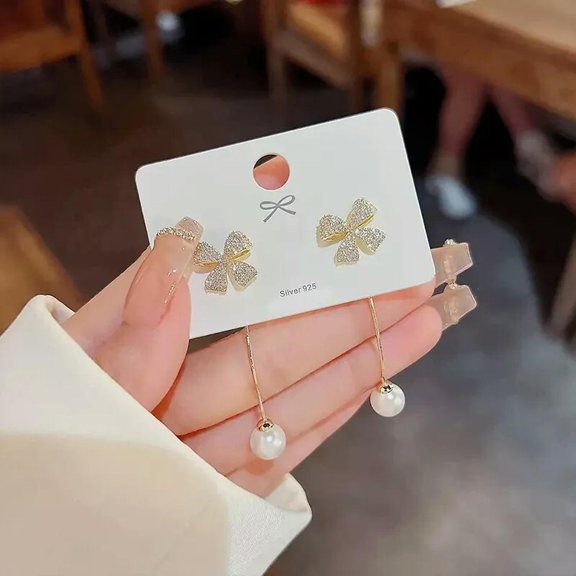 GKNET Exquisite Shiny Long Tassel Zircon Bowknot Stud Earrings Women Fashion Sweet