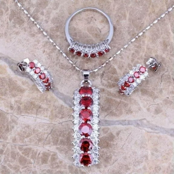 GKNET Exquisite Women Colorful Rhinestone Delicate Jewelry Sets Pendant Necklace Earrings Ring-ruby-8