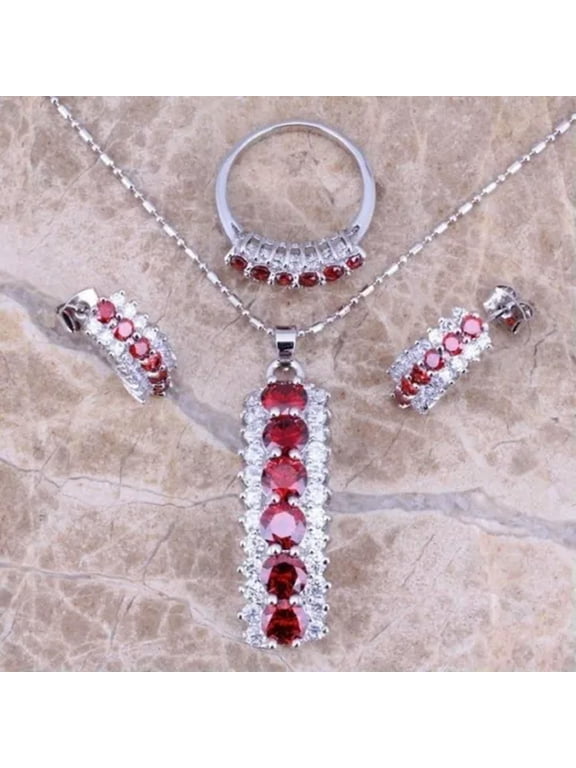 Exquisite Women Colorful Rhinestone Delicate Jewelry Sets Pendant Necklace Earrings Ring-ruby-8