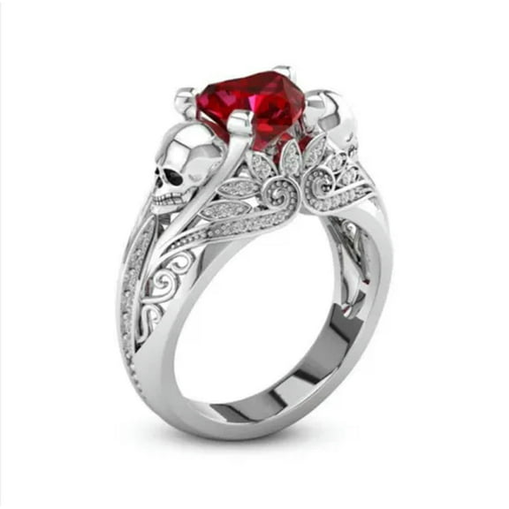 GKNET Exquisite Women's Red Crystal Zircon Skull Ring Punk Silver Delicate Jewelry Size 5-10-6