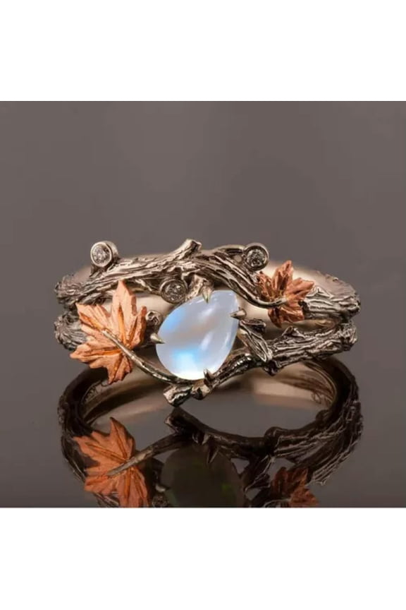 Fashion Antique Gold Twig Maple Leaf Moonstone Ring Anniversary Gift Engagement-8811-Antique Gold