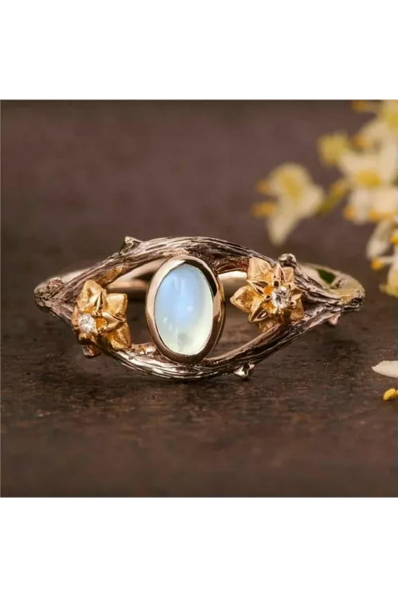 Fashion Antique Gold Twig Maple Leaf Moonstone Ring Anniversary Gift Engagement-8823-Silver