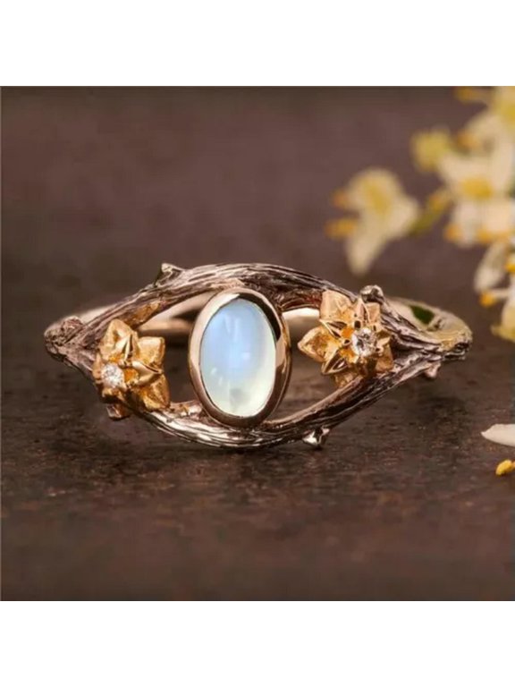 Fashion Antique Gold Twig Maple Leaf Moonstone Ring Anniversary Gift Engagement-8823-Silver
