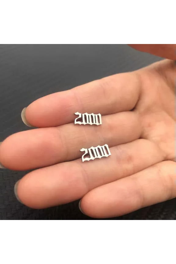 Fashion Birthday Ear Studs Years Stainless Steel Earrings Silver Number Gift -2000