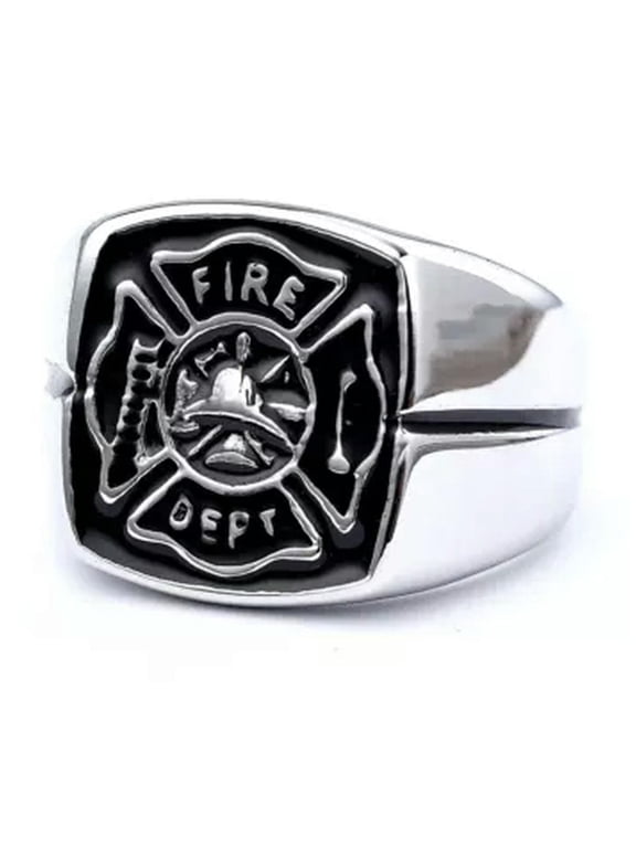 Fashion Fire Police Firelighter Trend Men's Stainless Steel Rings Size 8-14-13-Silver/Black