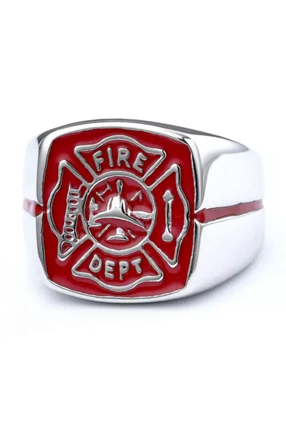 Fashion Fire Police Firelighter Trend Men's Stainless Steel Rings Size 8-14-9-Silver/Red