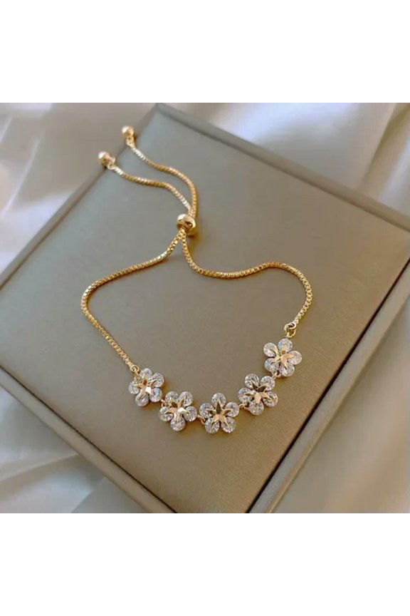Fashion Flower Pearl Crystal Bracelet Adjustable Bangle Women Weddings Jewellery-Gold Flower