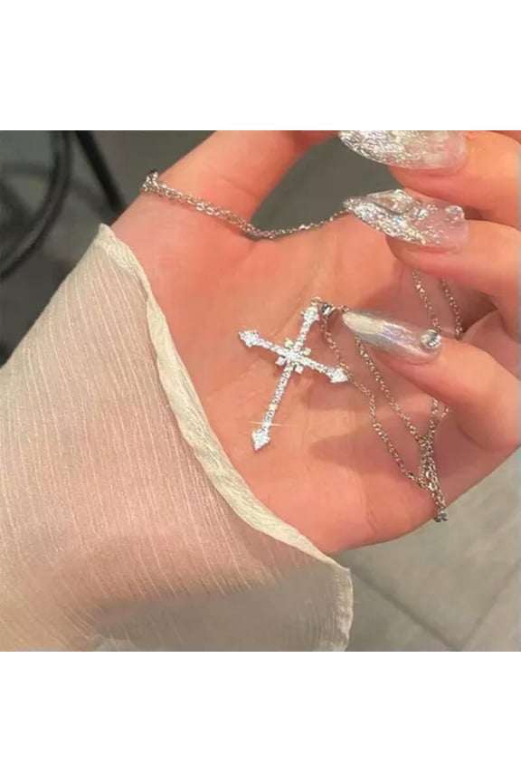 Fashion French Zircon Cross Pendant Necklace Light Luxury Personality Neckl_tu-2