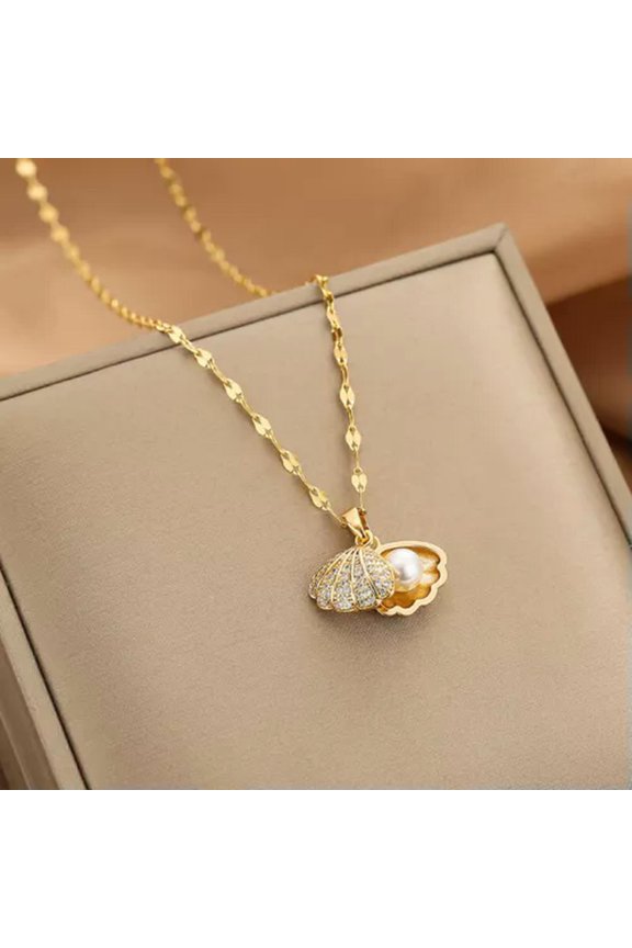 Fashion Gold Plated Pearl Shell Crystal Charm Pendant Necklace Women Delicate Jewelry New-Gold