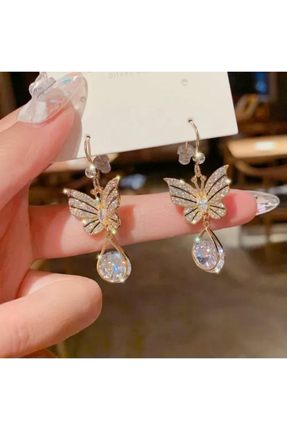 Fashion KC Gold Crystal Pearl Circles Animal Earrings Hoop Drop Women Jewelry-#6 Butterfly Drop(5cm)