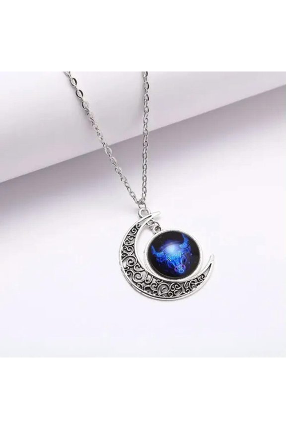 Fashion Moon Time Gem 12 Zodiac Sign Constellations Horoscope Pendant Necklace-Taurus