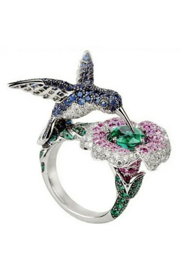 Fashion Silver Green&Blue&Pink Zircon Hummingbird Delicate Jewelry Wedding Ring Size 6-10-10