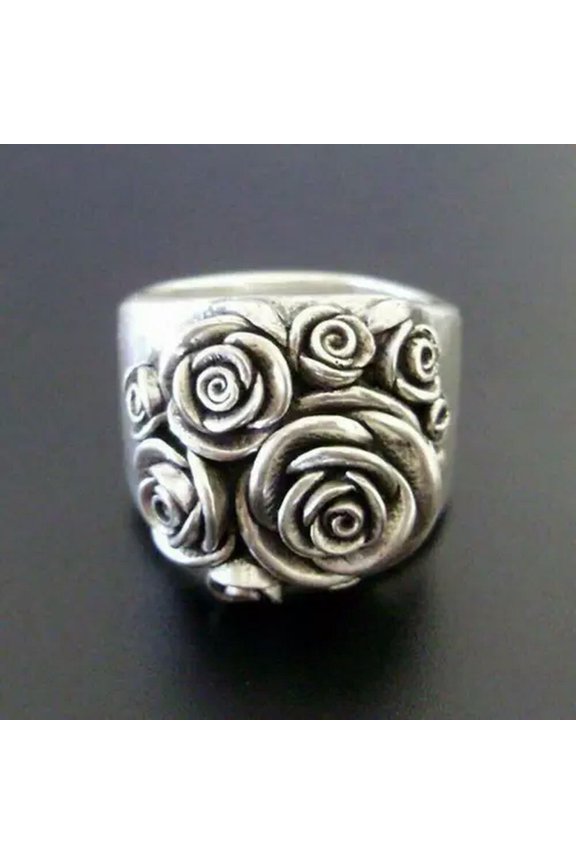 Women Silver Ring Turkish Handmade Retro Flower Ring Wedding Delicate Jewelry Sz 6-10-17#Rose Flower Ring-9