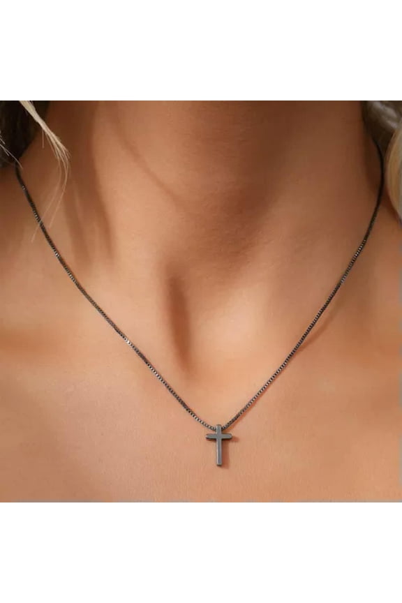 Fashion Silver Stainless Steel Cross Shape Chain Pendant Necklace For Men Women-Black