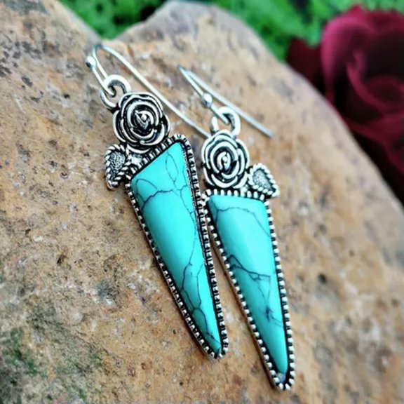 GKNET Fashion Turquoise Moonstone Earrings Ear Hook Dangle Drop Ethnic Jewellery New-Rose Triangle（4.8*1.3cm）