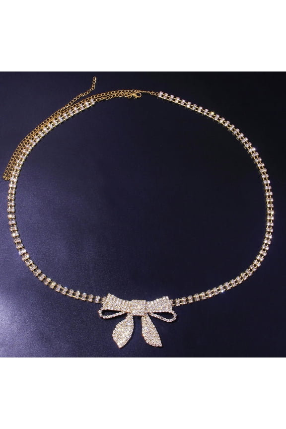 Fashion Water Drop Bow Knot Rhinestone Waist Chain Simple Body Chain Chain-gold-One size