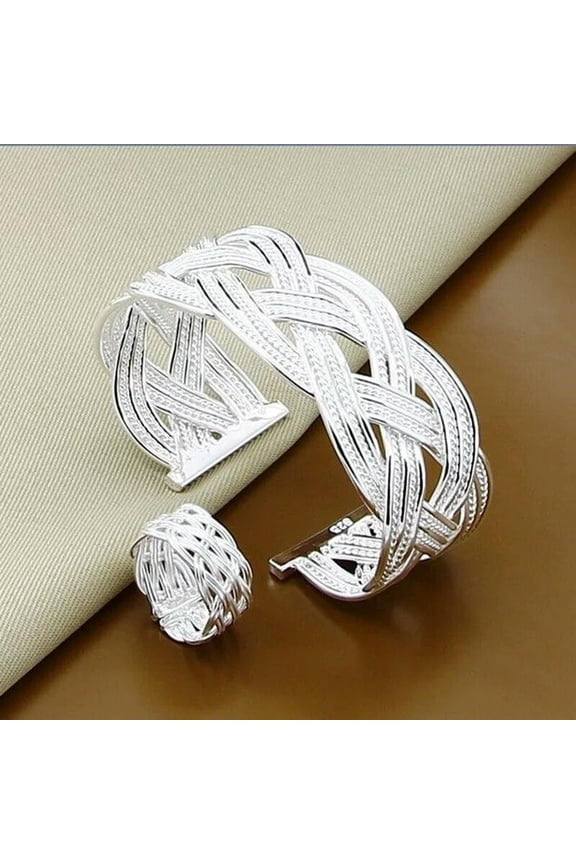 Fashion Women 925 Sterling Silver Filled Weaving Open Bangle Rings Delicate Jewelry Set