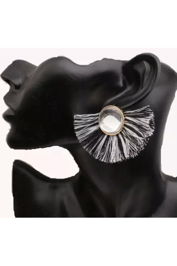 Fashion Women Boho Long Tassel Fringe Drop Dangle Knitted round Ear Stud Earring-Black +White