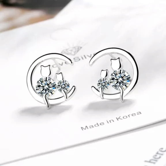 GKNET Fashion Women Crystal Cat kitty Moon Stud 925 Silver Stud Earrings-Silver