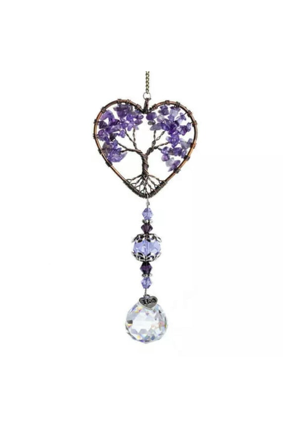 Feng Shui Hanging Crystal Suncatcher Life Tree Stone Beads Prism Pendant Decor-Amethyst
