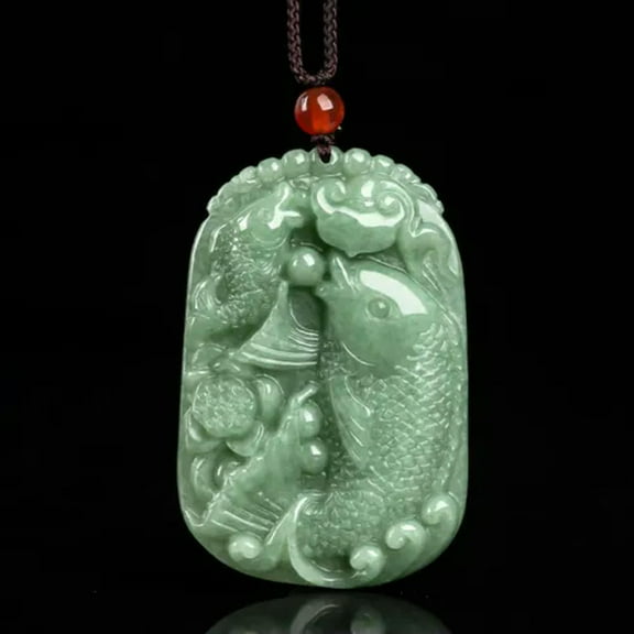 GKNET Fine 100% Natural Jade (Jadeite) Lucky Lotus Flower Fish Pendant Certified