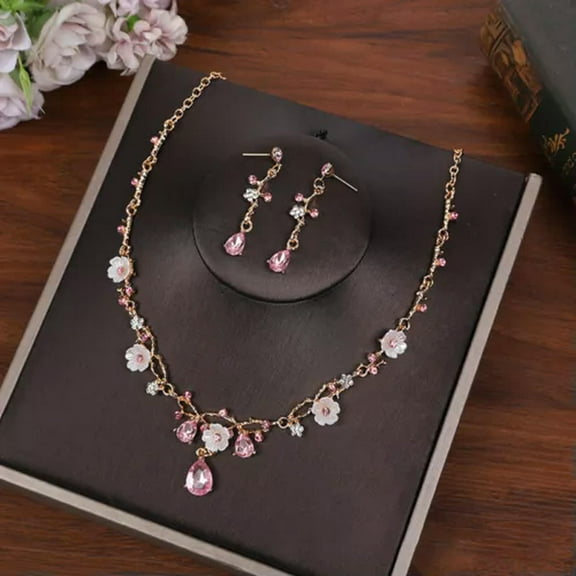 GKNET Flower Crystal Costume Creative Delicate Jewelry Rhinestone Necklace Earrings Set Jewe-Pink