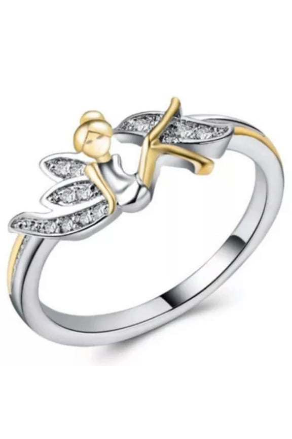 Flower Fairy Elf Cubic 14K Gold Plating Two-Toned Wedding Ring Delicate Jewelry Size 6-10-7