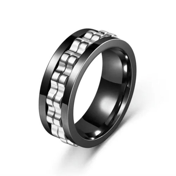 GKNET Gear Rotating Ring Stainless Steel Ring Wedding Party Delicate Jewelry Punk Ring Gifts！-black silver-11