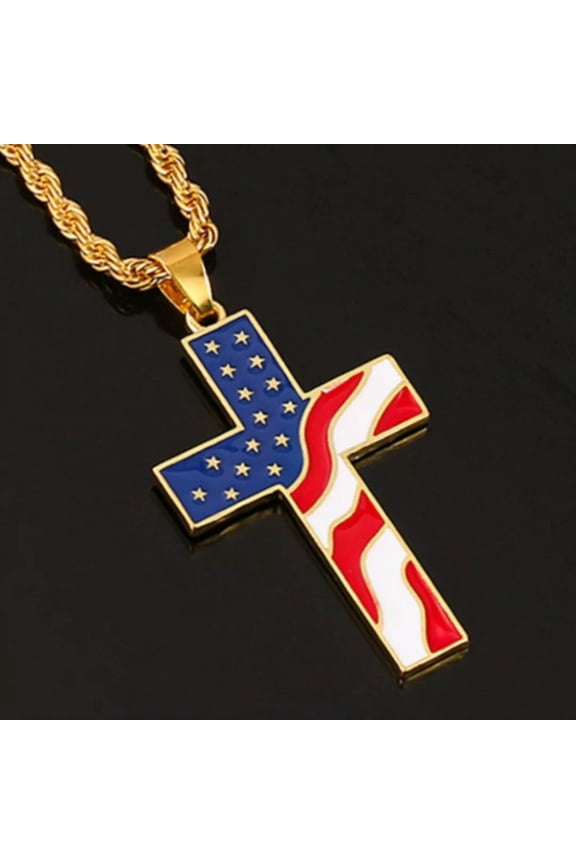 Gold American Flag Cross Pendant Necklace Chain Men's Christian Catholic Jewelry