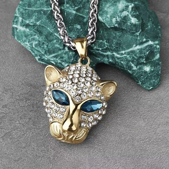 GKNET Gold CZ Animal Leopard Pendant Necklace Men's Stainless Steel Delicate Jewelry Chain 24"