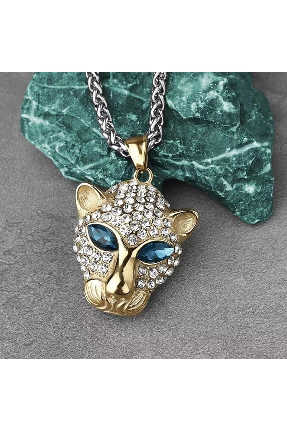 Gold CZ Animal Leopard Pendant Necklace Men's Stainless Steel Delicate Jewelry Chain 24"