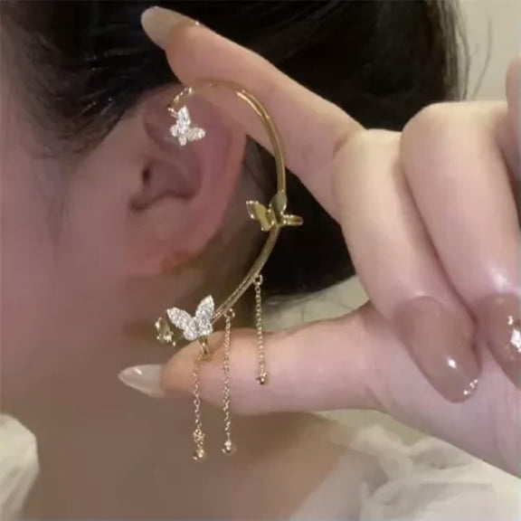 GKNET Gold Plated Zircon Butterfly Ear Cuff Clip Non Piercing Wrap Delicate Jewelry Earring New-Right-Gold Tassel(1pc)