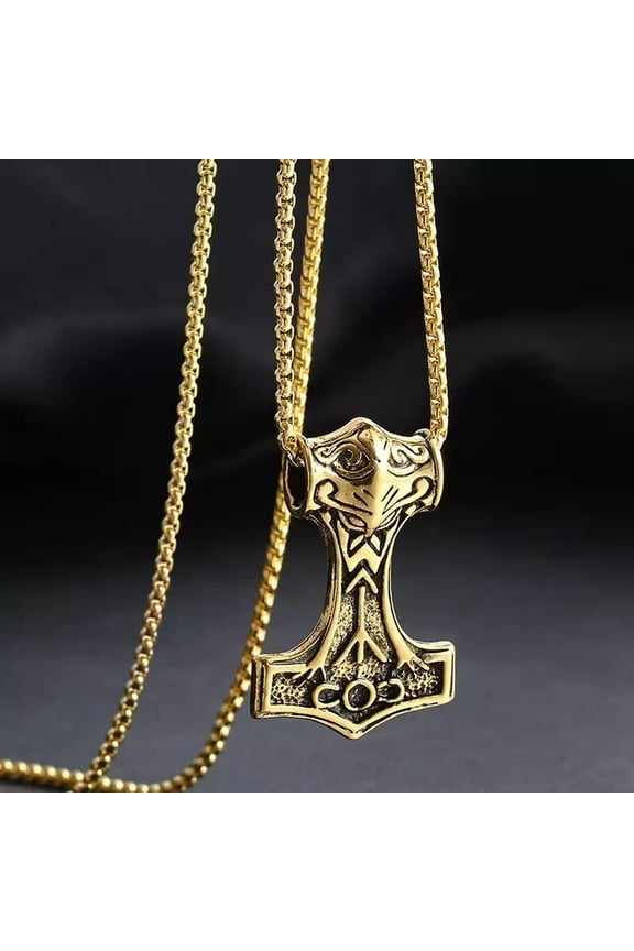 Gold Viking Thors Hammer Mjolnir Pendant Necklace For Men Punk Delicate Jewelry Chain 24"