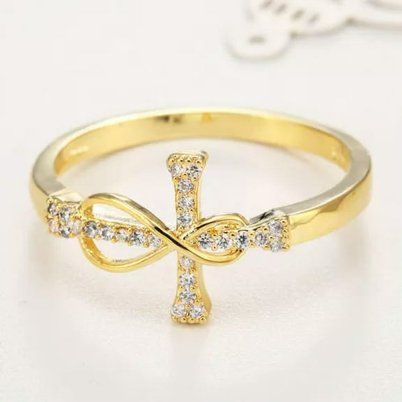 GKNET Golden Inlaid Crystal Cross Christ Jesus Infinity Rings for Women Men Religious-1#-6