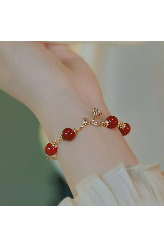 Golden Rose Natural Red Agate Round Beads Adjustable Bracelet Women Delicate Jewelry WY4
