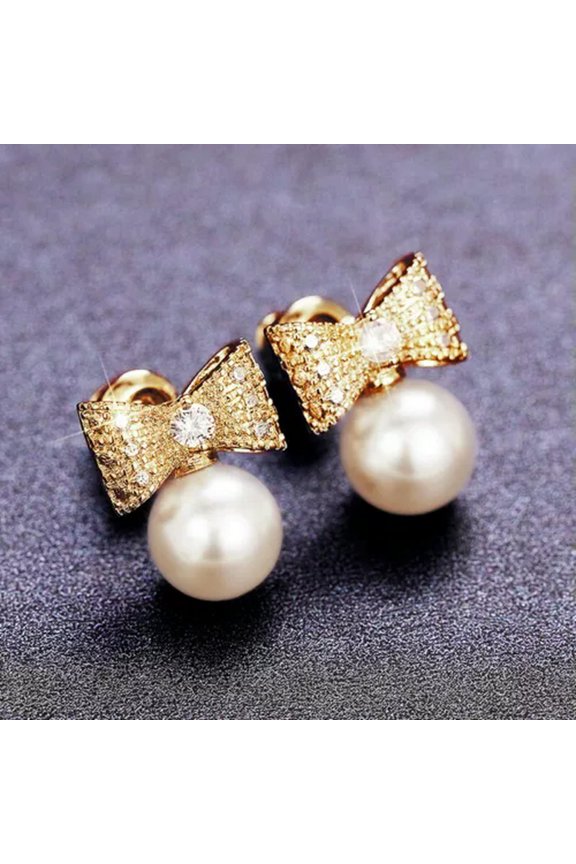 Gorgeous Women Delicate Jewelry Round Cut White Pearl Stud Earring 925 Silver Gift-Gold
