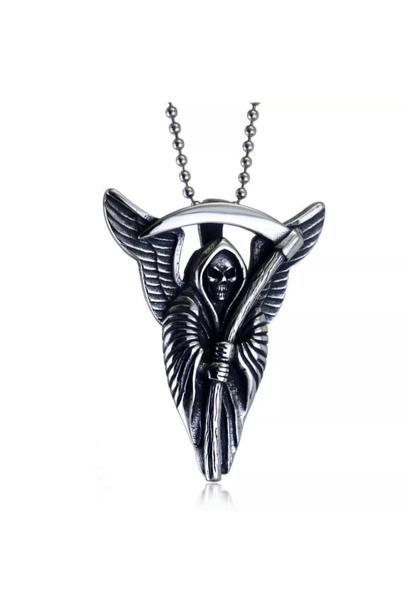 Goth Mens Biker Skull Grim Reaper Death Pendant Necklace Stainless Steel