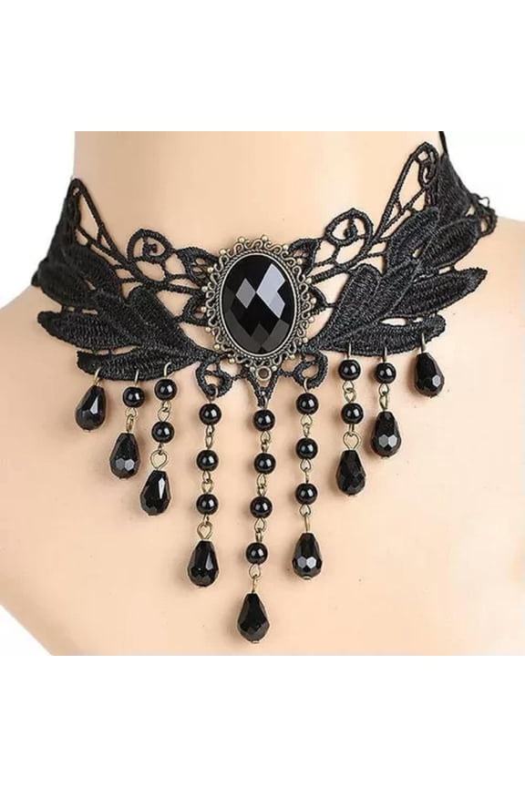 Gothic Black Lace Crystal Necklace Punk Dark Lolita Style Pearl Sexy Lace Cho_tu-A7