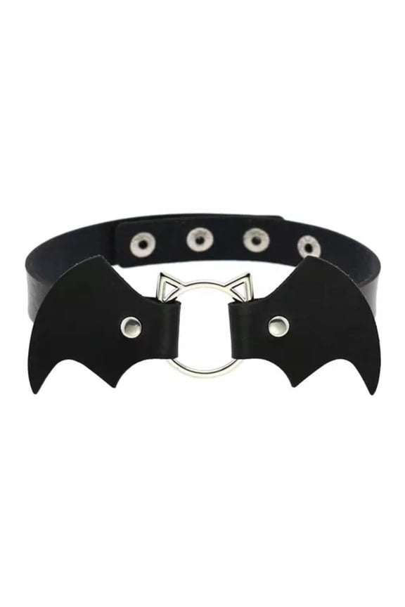 Gothic Punk Black PU Leather Spiked Rivet O-Ring Collar Stud Choker Necklace-Bat Wing 44cm