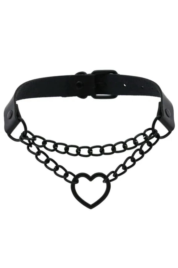 Gothic Punk Black PU Leather Spiked Rivet O-Ring Collar Stud Choker Necklace-Chain Heart-Ring 45cm
