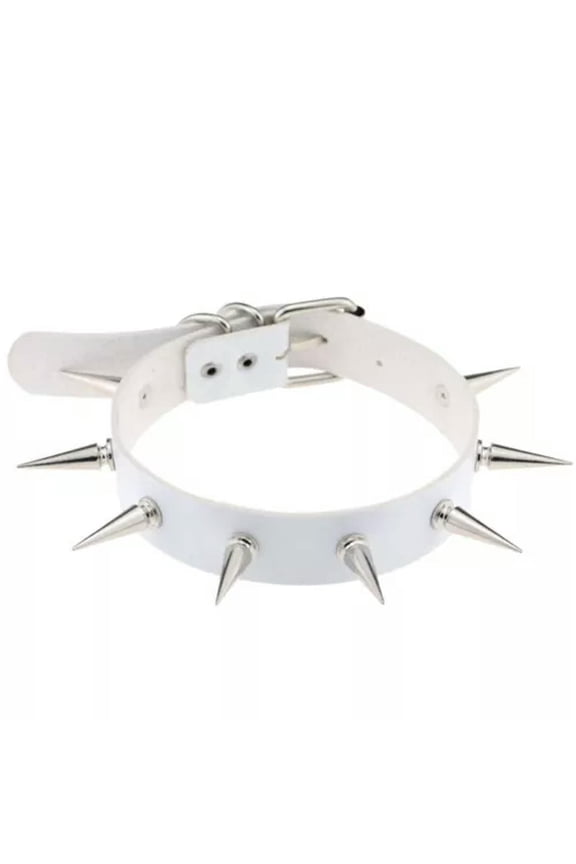 Gothic Punk White PU Leather Spiked Rivet O-Ring Collar Stud Choker Necklace-Spike Rivet 40cm