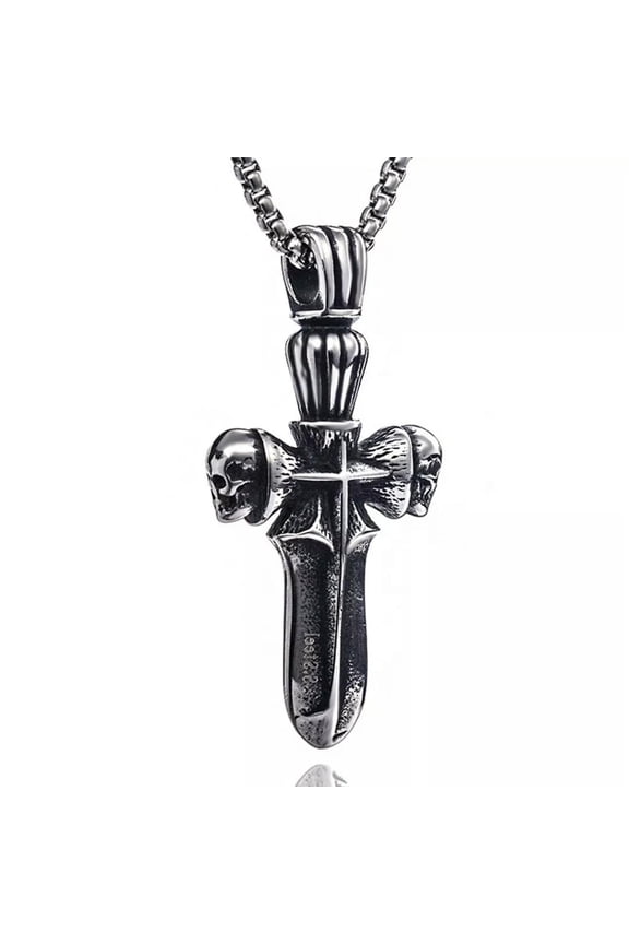 Gothic Skull Sword Cross Pendant Necklace Biker Delicate Jewelry Stainless Steel Chain