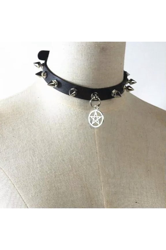 Gothic Star Pendant Rivet Choker Women Punk Leather Neckalce Sexy Delicate Jewelry WY4-Black-