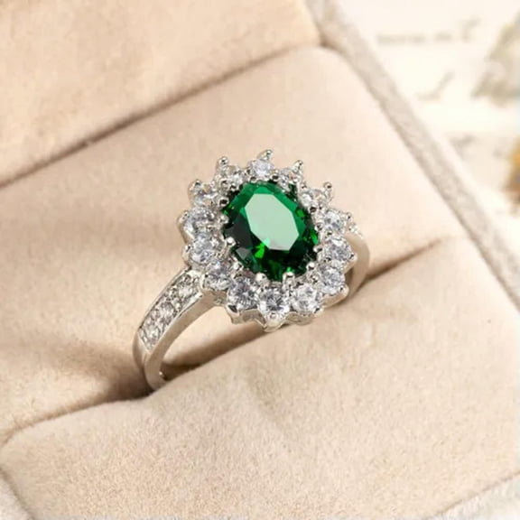 GKNET Green Crystal Zircon Stone Rings 925 Sterling Silver Ring Women Flower Rings-8#